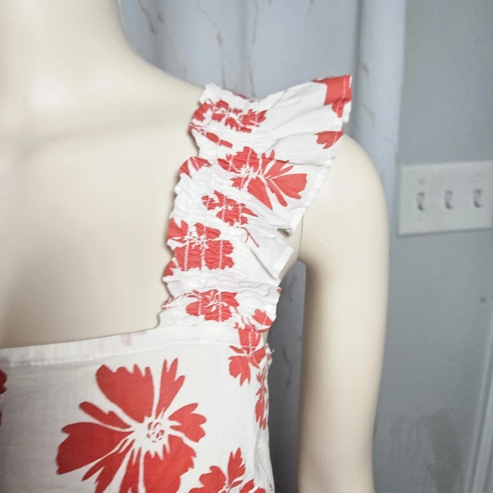 Floral Ruffle Sleeve Top - Red and White